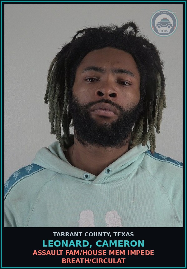 Booking mugshot of Leonard, Cameron in Tarrant County