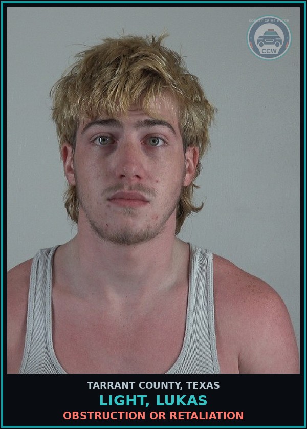 Booking mugshot of Light, Lukas in Tarrant County