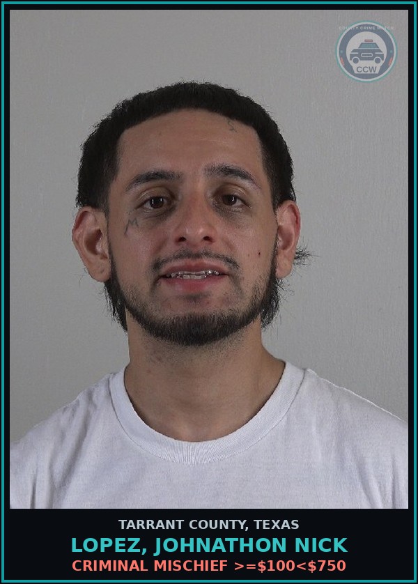 Booking mugshot of Lopez, Johnathon Nick in Tarrant County