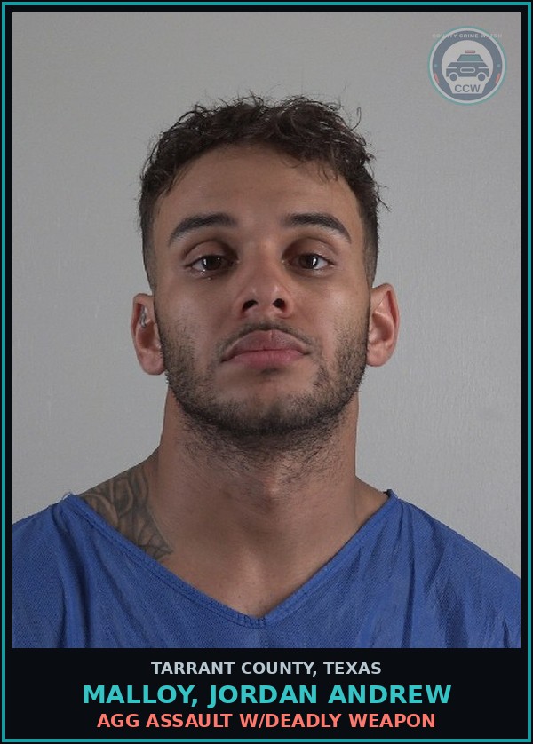 Booking mugshot of Malloy, Jordan Andrew in Tarrant County