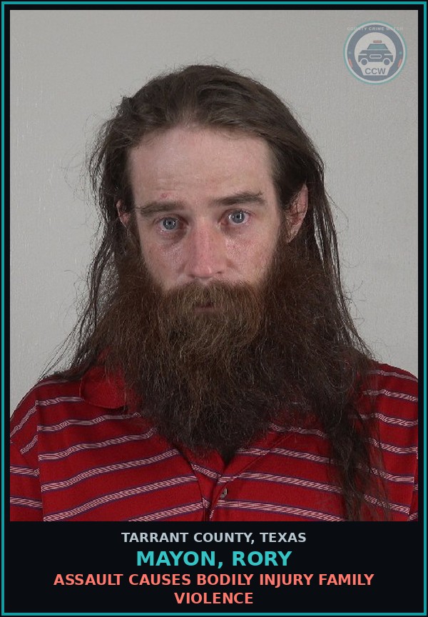 Booking mugshot of Mayon, Rory in Tarrant County