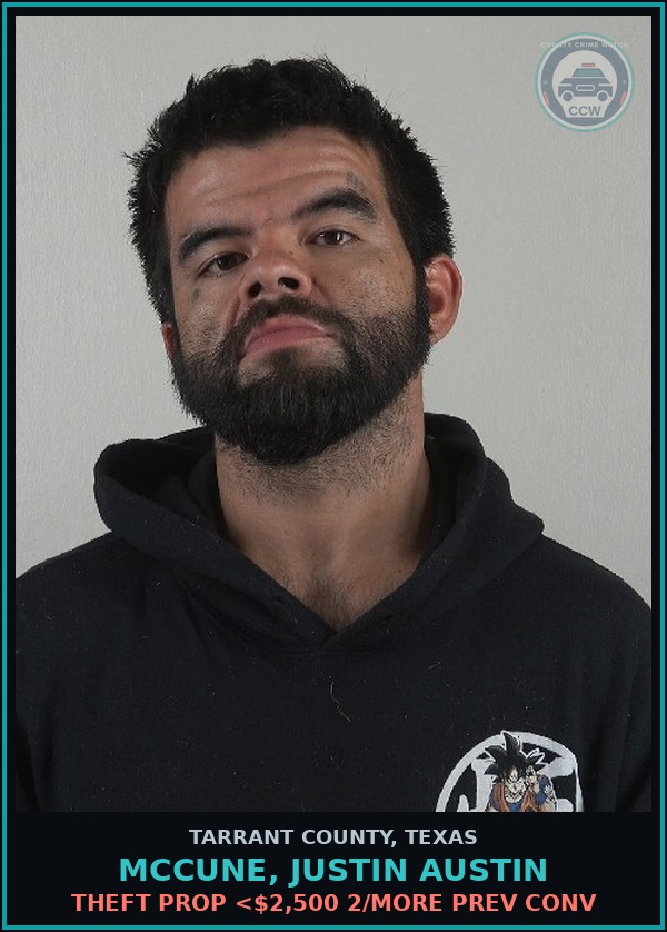 Booking mugshot of Mccune, Justin Austin in Tarrant County
