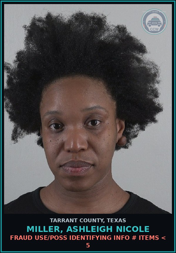 Booking mugshot of Miller, Ashleigh Nicole in Tarrant County