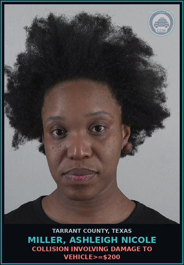 Booking mugshot of Miller, Ashleigh Nicole in Tarrant County
