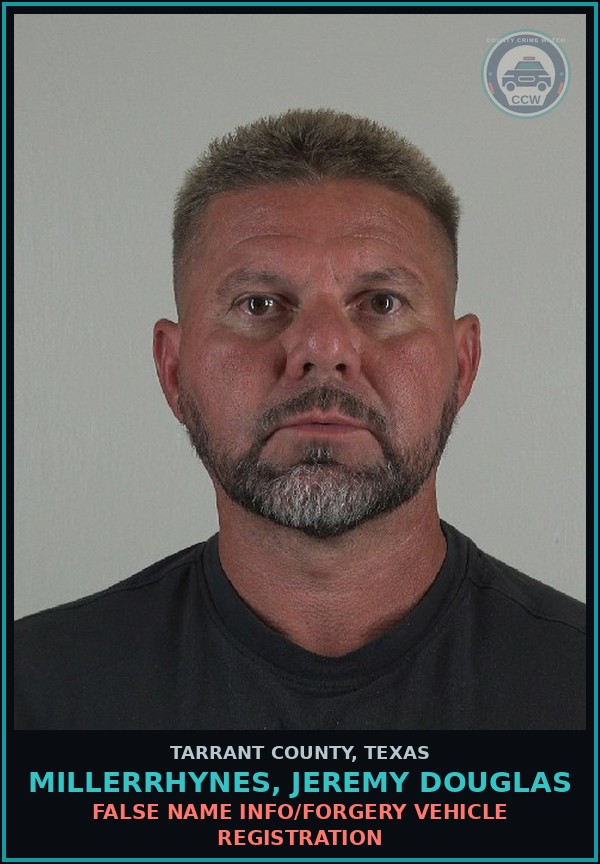 Booking mugshot of Millerrhynes, Jeremy Douglas in Tarrant County