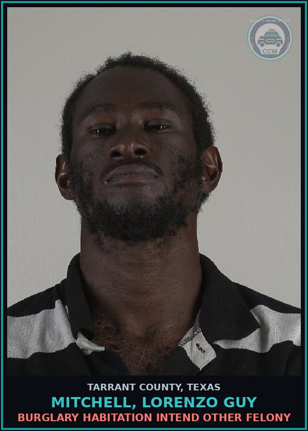 Booking mugshot of Mitchell, Lorenzo Guy in Tarrant County