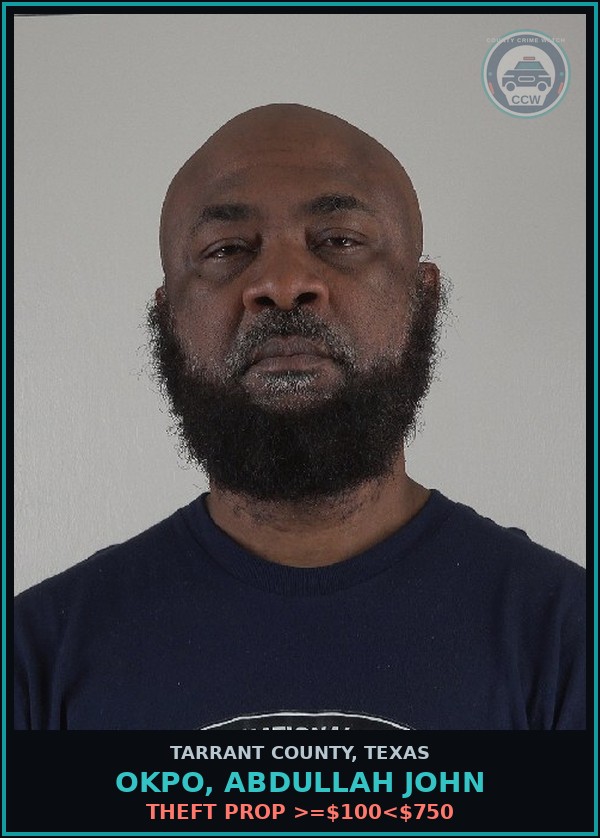 Booking mugshot of Okpo, Abdullah John in Tarrant County