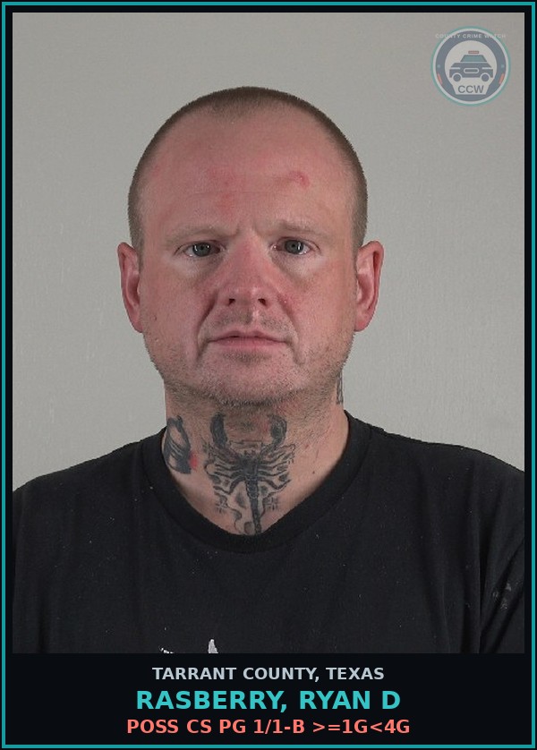 Booking mugshot of Rasberry, Ryan D in Tarrant County