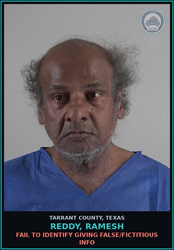 Booking mugshot of Reddy, Ramesh in Tarrant County