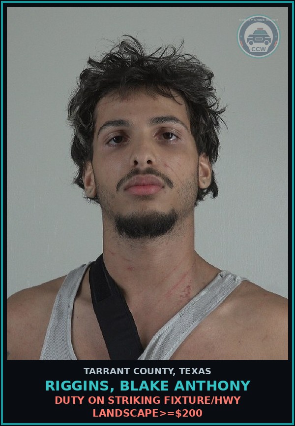 Booking mugshot of Riggins, Blake Anthony in Tarrant County
