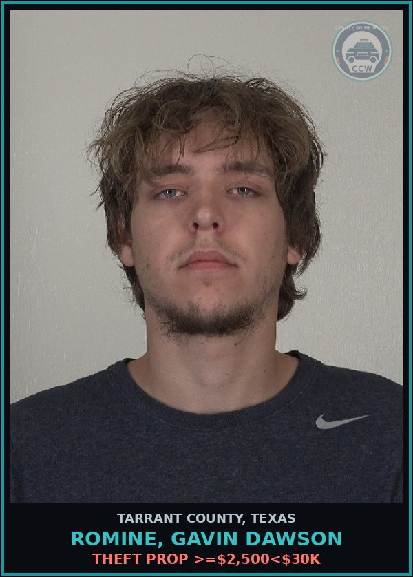 Booking mugshot of Romine, Gavin Dawson in Tarrant County
