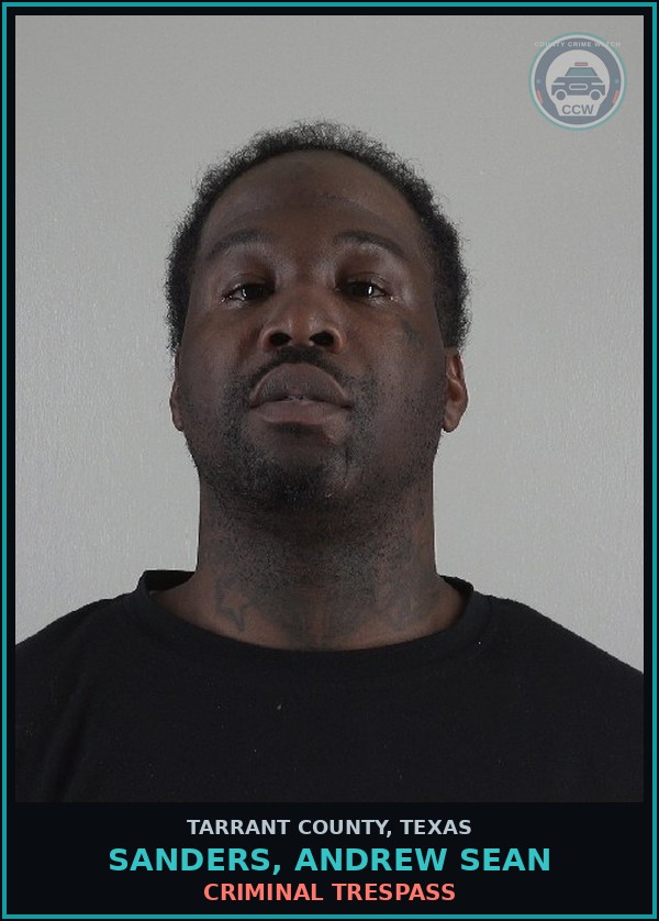 Booking mugshot of Sanders, Andrew Sean in Tarrant County
