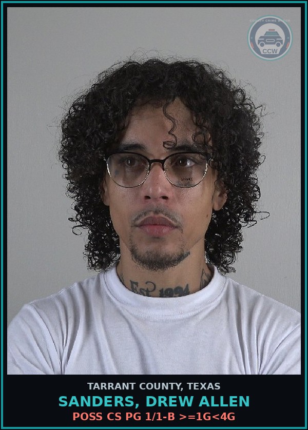 Booking mugshot of Sanders, Drew Allen in Tarrant County