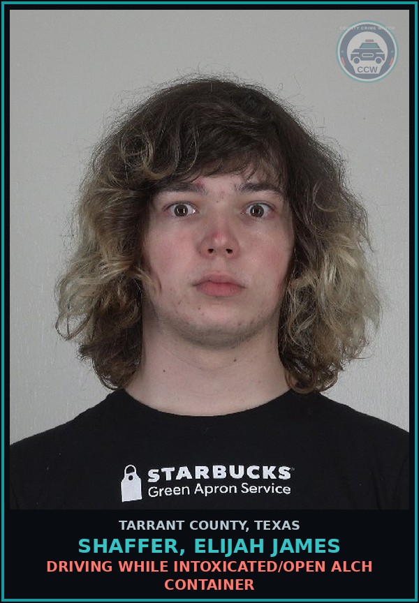 Booking mugshot of Shaffer, Elijah James in Tarrant County