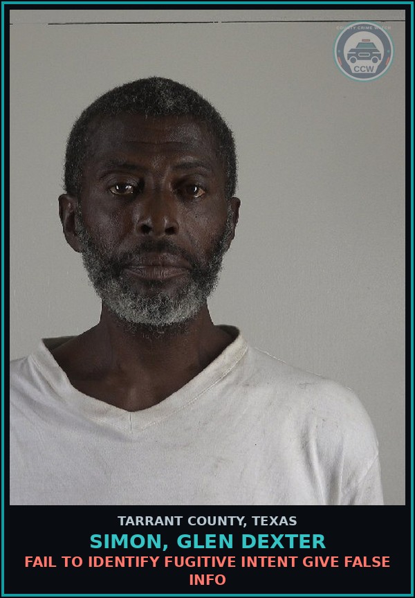 Booking mugshot of Simon, Glen Dexter in Tarrant County