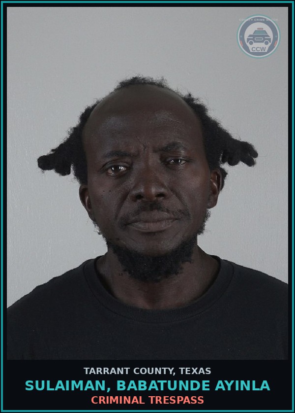 Booking mugshot of Sulaiman, Babatunde Ayinla in Tarrant County