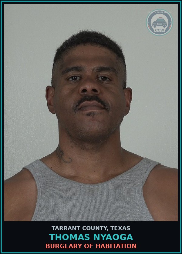 Booking mugshot of Thomas Nyaoga in Tarrant County