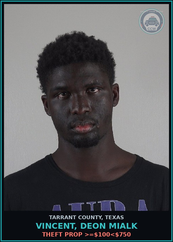 Booking mugshot of Vincent, Deon Mialk in Tarrant County