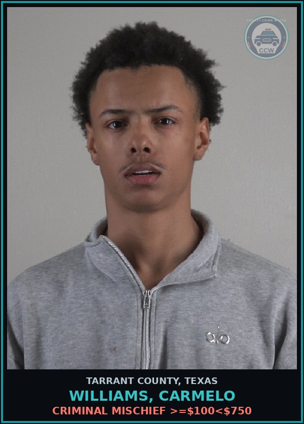Booking mugshot of Williams, Carmelo in Tarrant County