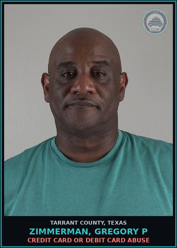 Booking mugshot of Zimmerman, Gregory P in Tarrant County