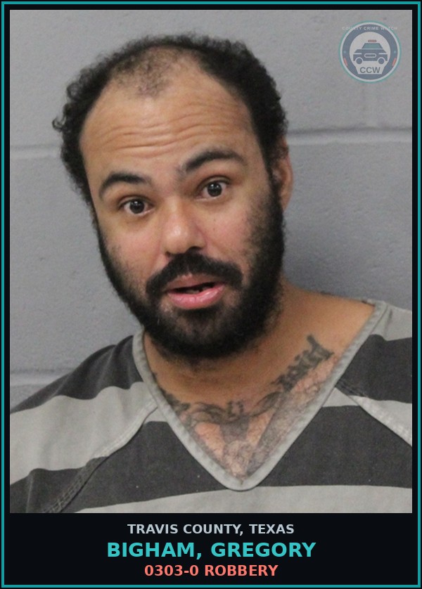 Booking mugshot of Bigham, Gregory in Travis County