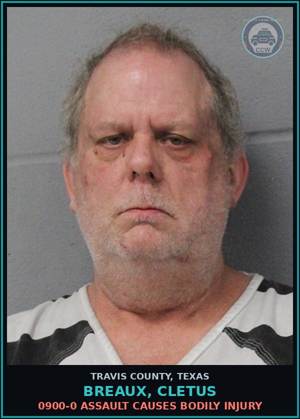Booking mugshot of Breaux, Cletus in Travis County