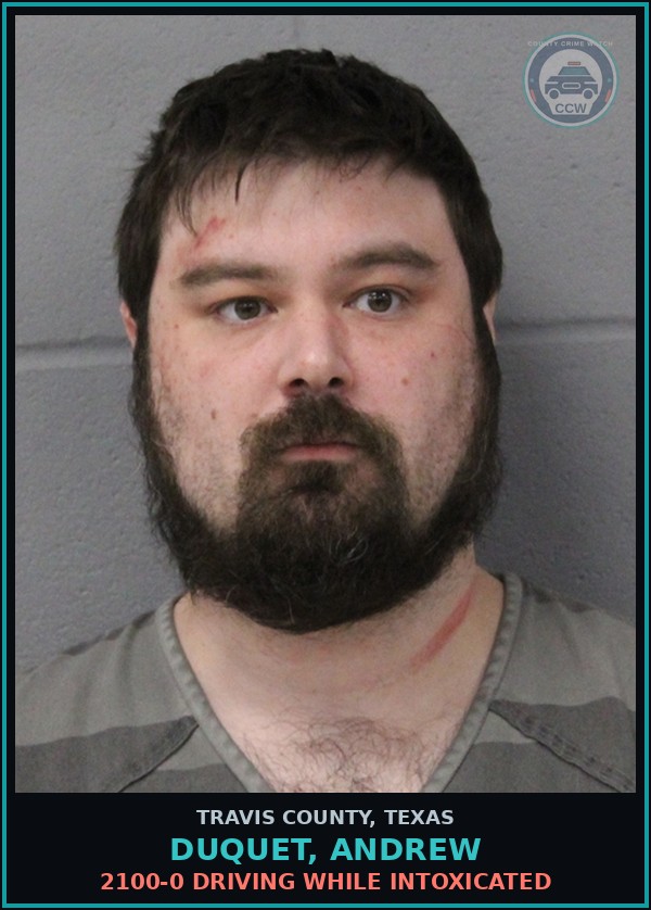 Booking mugshot of Duquet, Andrew in Travis County