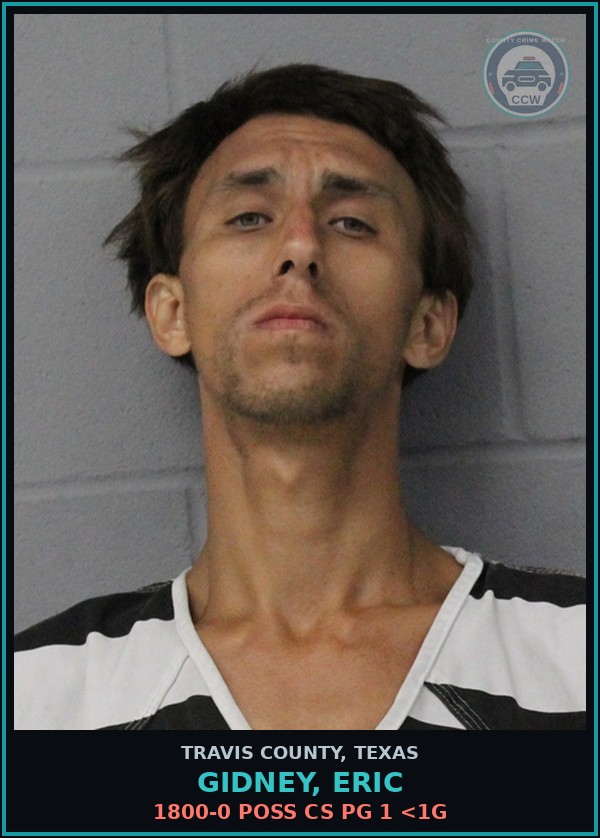 Booking mugshot of Gidney, Eric in Travis County