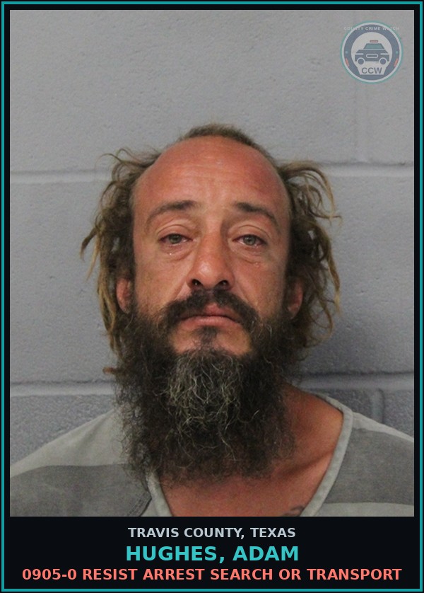 Booking mugshot of Hughes, Adam in Travis County