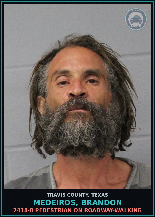 Booking mugshot of Medeiros, Brandon in Travis County