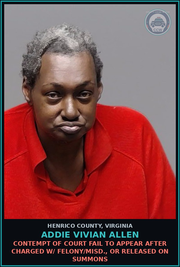 Booking mugshot of Addie Vivian Allen in Henrico County