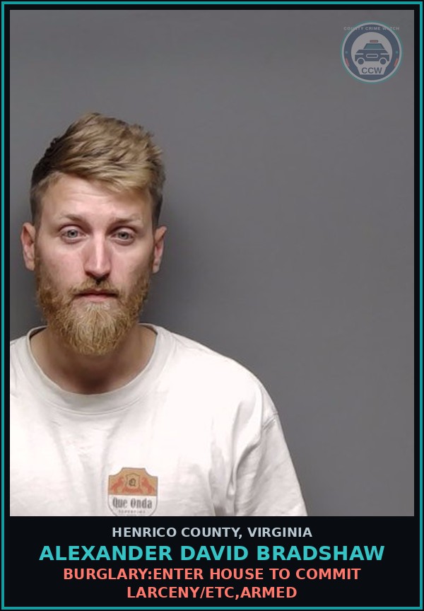 Booking mugshot of Alexander David Bradshaw in Henrico County