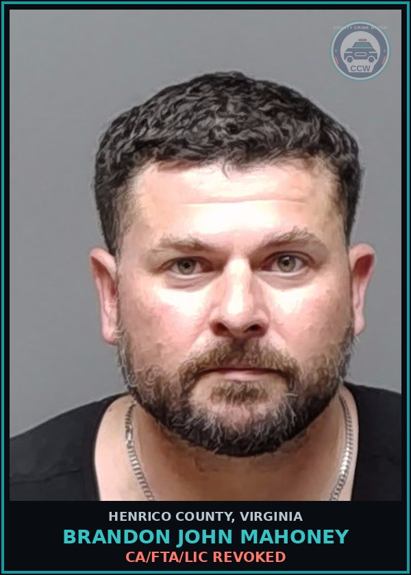 Booking mugshot of Brandon John Mahoney in Henrico County