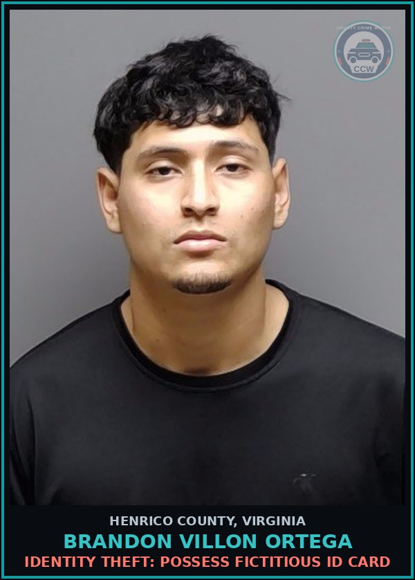 Booking mugshot of Brandon Villon Ortega in Henrico County