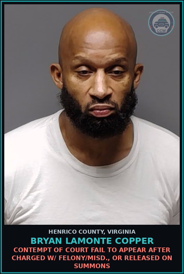 Booking mugshot of Bryan Lamonte Copper in Henrico County