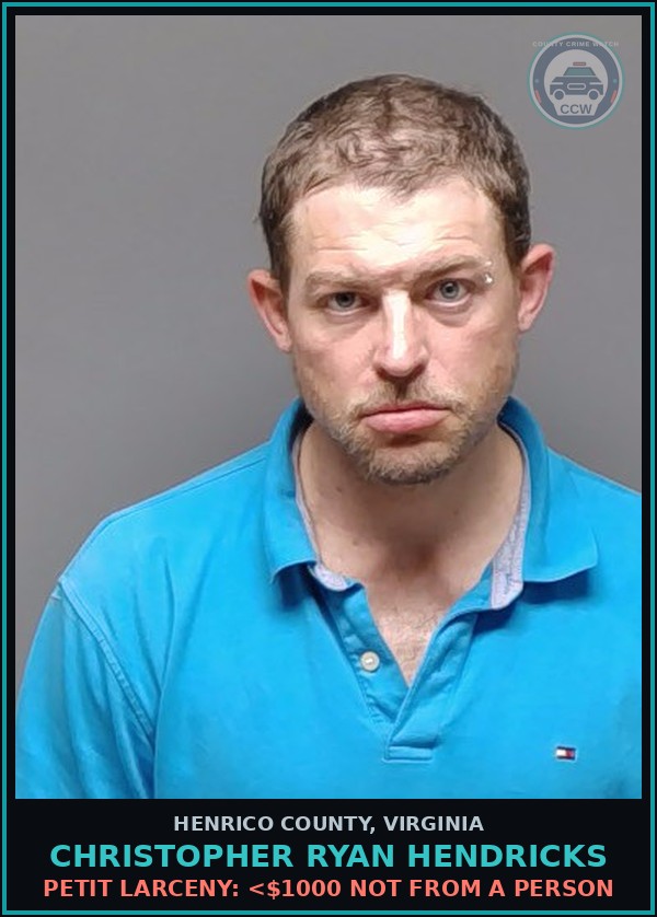 Booking mugshot of Christopher Ryan Hendricks in Henrico County