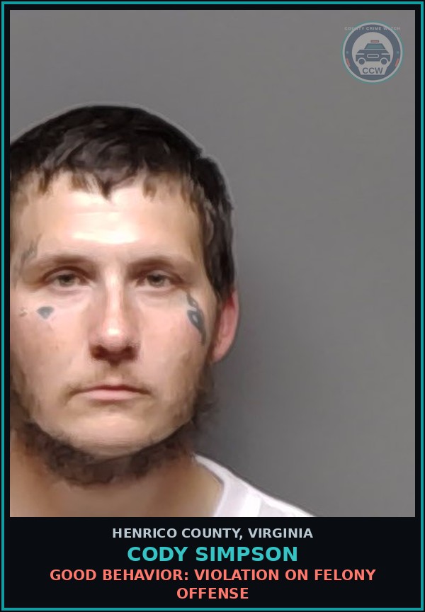 Booking mugshot of Cody Simpson in Henrico County