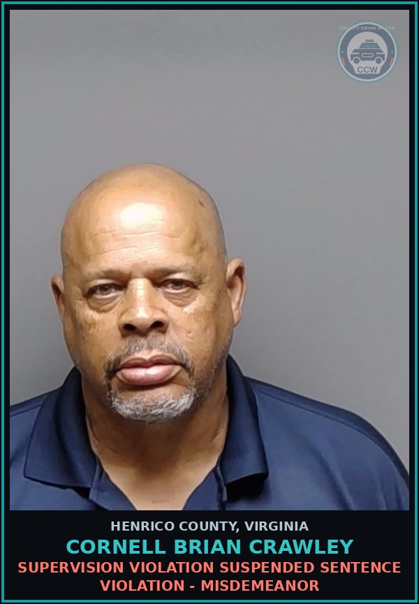 Booking mugshot of Cornell Brian Crawley in Henrico County