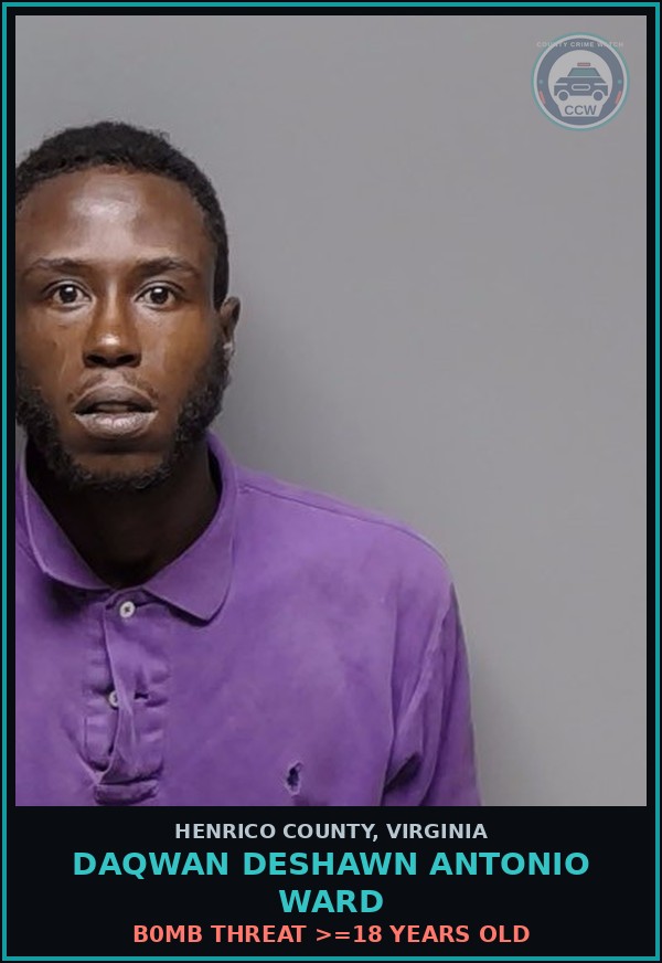 Booking mugshot of Daqwan Deshawn Antonio Ward in Henrico County