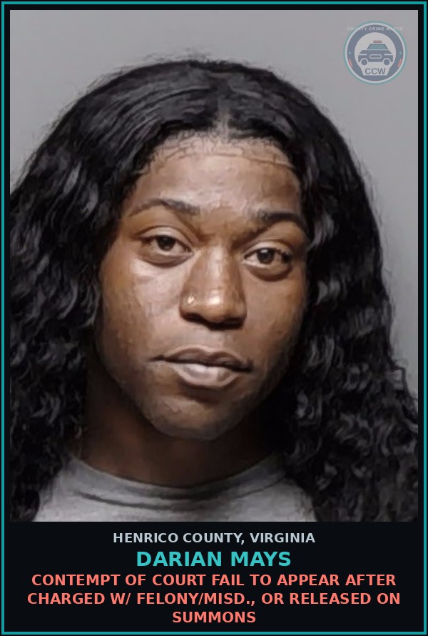 Booking mugshot of Darian Mays in Henrico County