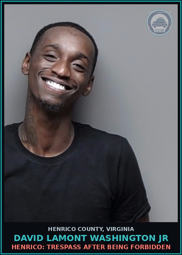 Booking mugshot of David Lamont Washington Jr in Henrico County