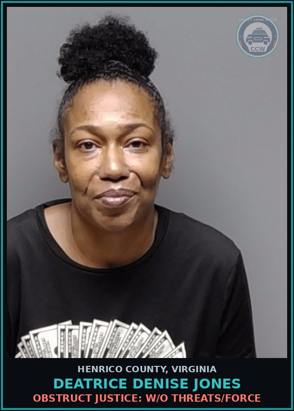 Booking mugshot of Deatrice Denise Jones in Henrico County