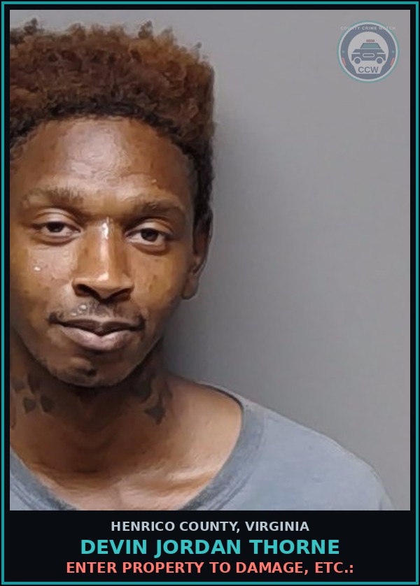Booking mugshot of Devin Jordan Thorne in Henrico County