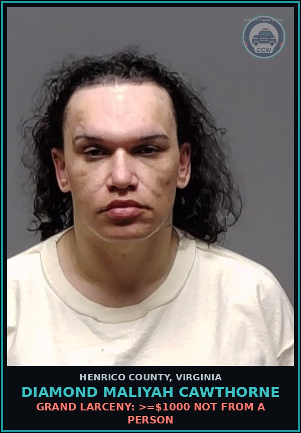 Booking mugshot of Diamond Maliyah Cawthorne in Henrico County