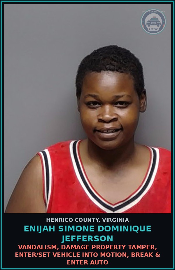 Booking mugshot of Enijah Simone Dominique Jefferson in Henrico County