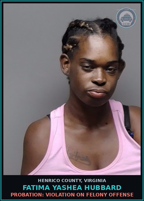 Booking mugshot of Fatima Yashea Hubbard in Henrico County