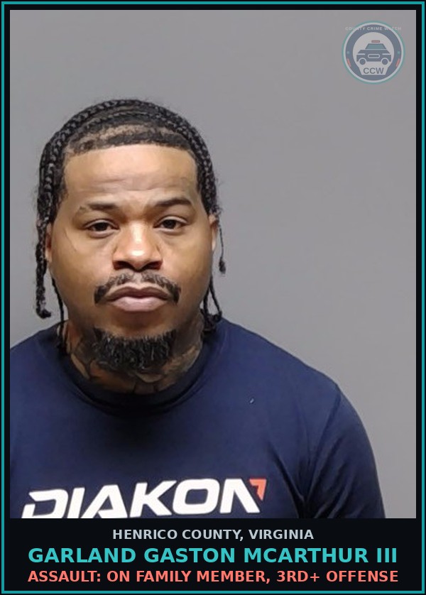Booking mugshot of Garland Gaston Mcarthur Iii in Henrico County