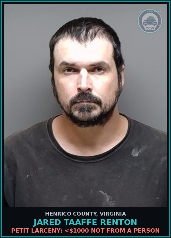 Booking mugshot of Jared Taaffe Renton in Henrico County