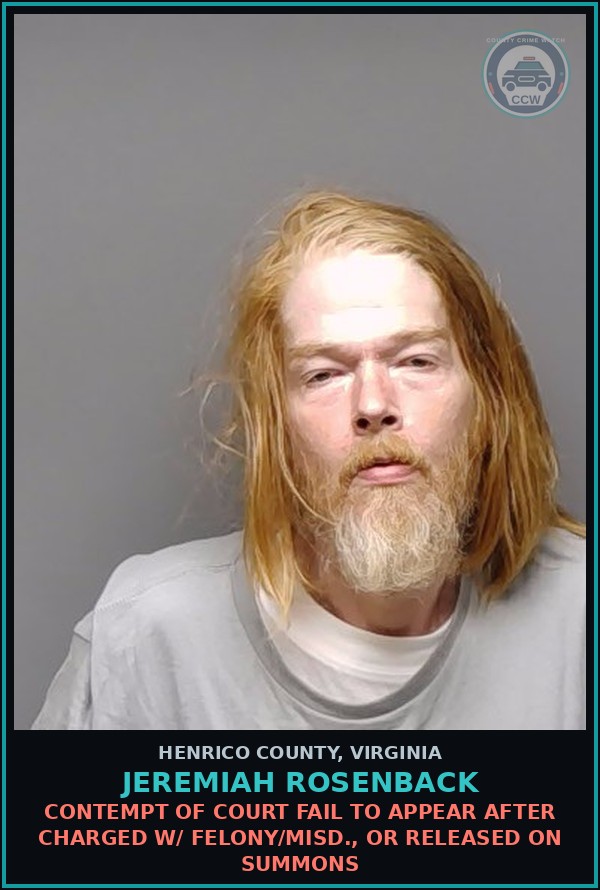 Booking mugshot of Jeremiah Rosenback in Henrico County