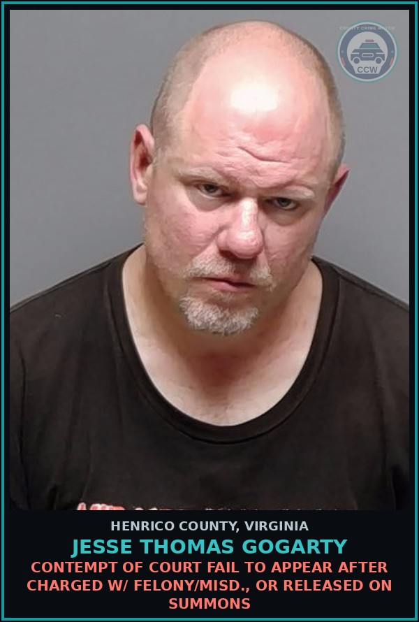 Booking mugshot of Jesse Thomas Gogarty in Henrico County